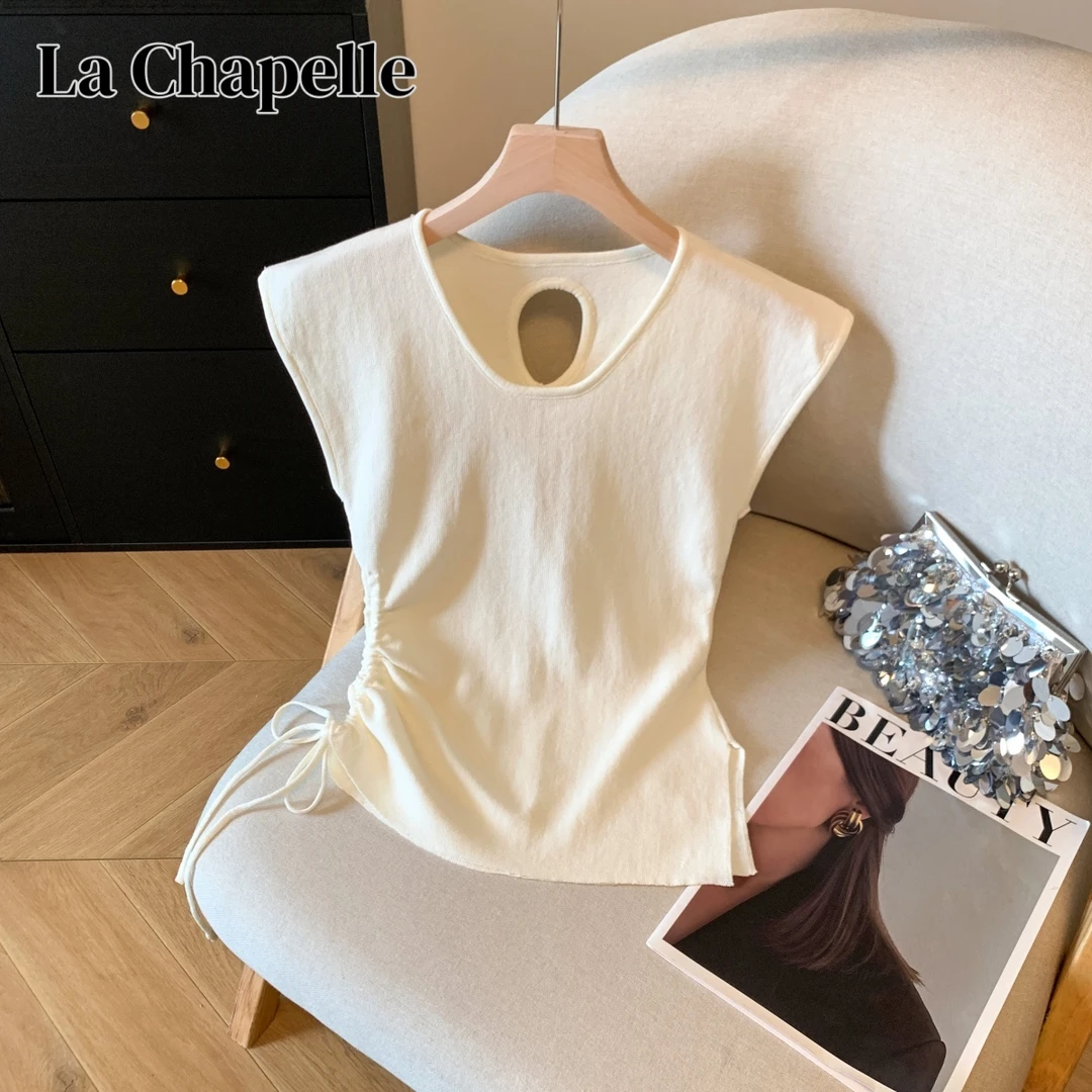 拉夏贝尔后背镂空时尚针织衫女修身显瘦抽绳不规则设计感短袖上衣