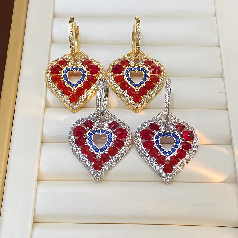 黄铜锆石耳饰 心形复古彩色微镶锆石几何耳扣女时尚重工桃心耳圈