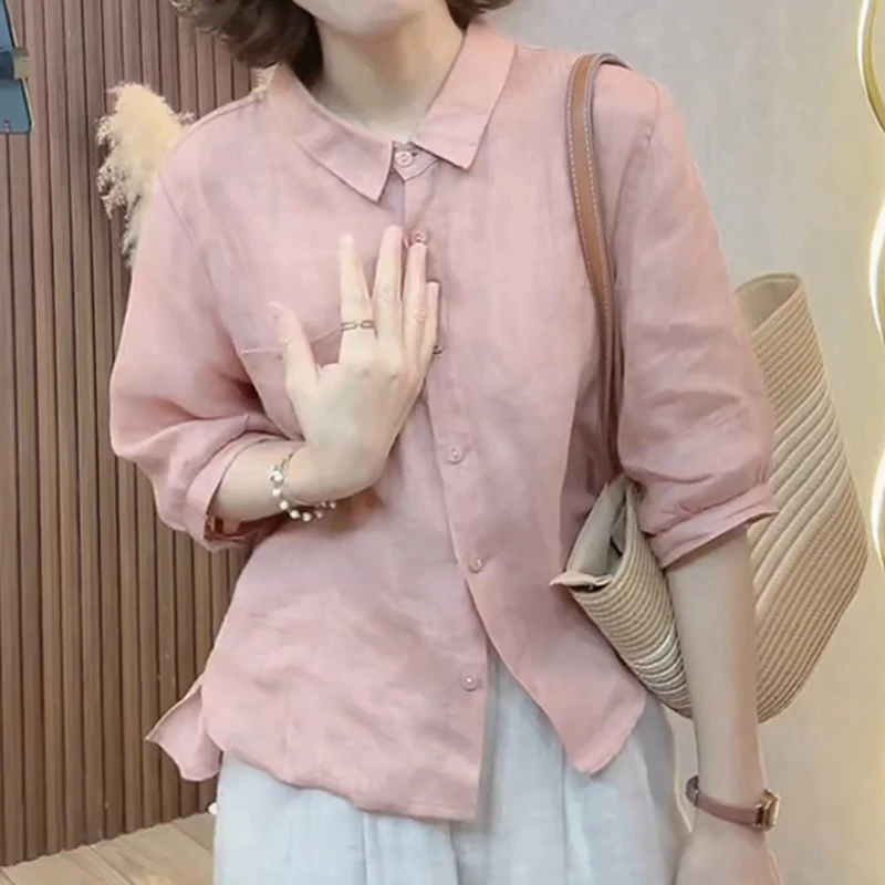 法式别致文艺风polo领衬衫女夏季新款轻薄透气宽松显瘦七分袖上衣