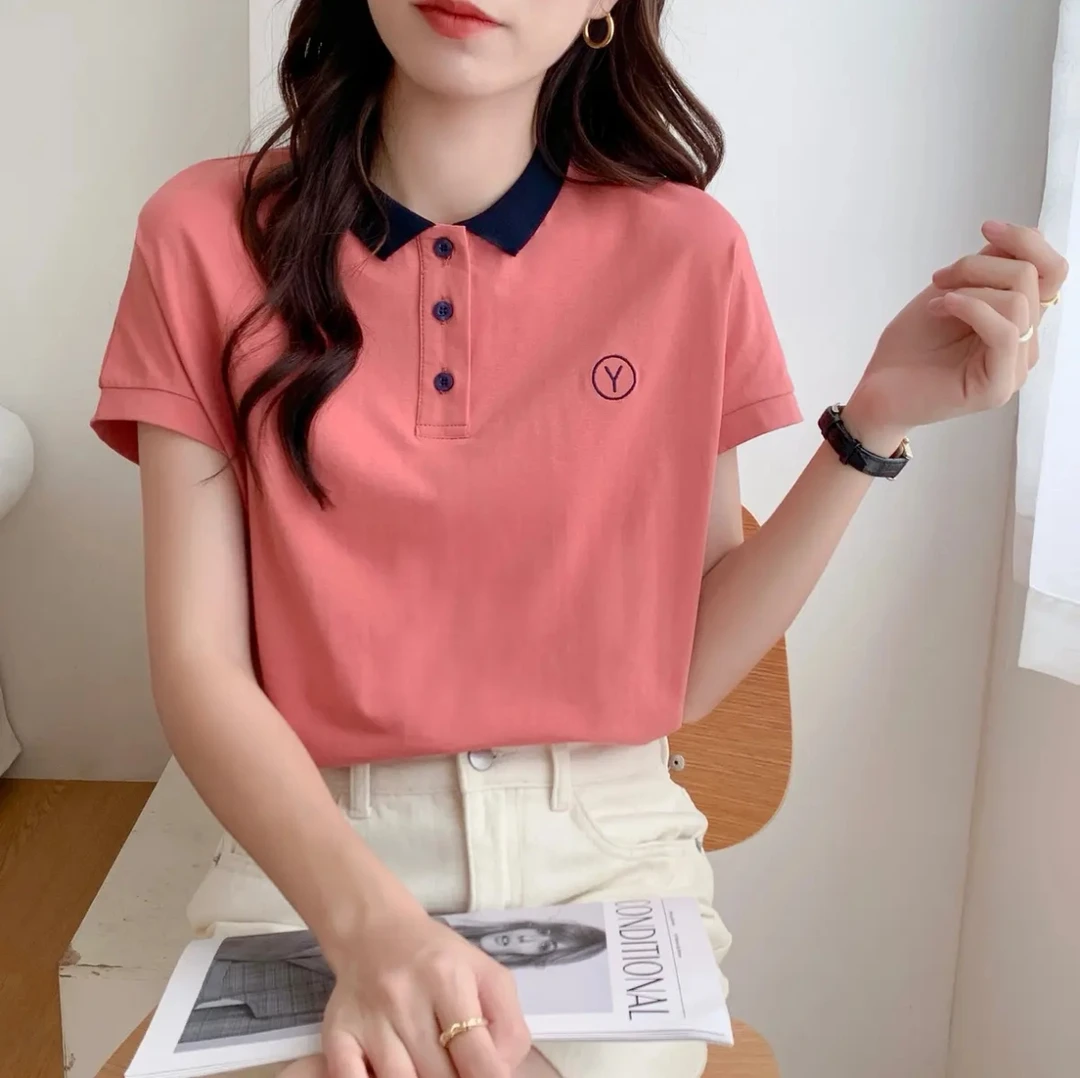 2025新款显瘦撞色polo翻领高端潮牌女装上衣韩版
