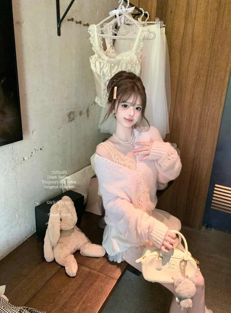 迟伞伞25/ss 樱粉雪芭 韩国带回 店主私服系列镂空针织开衫毛衣春