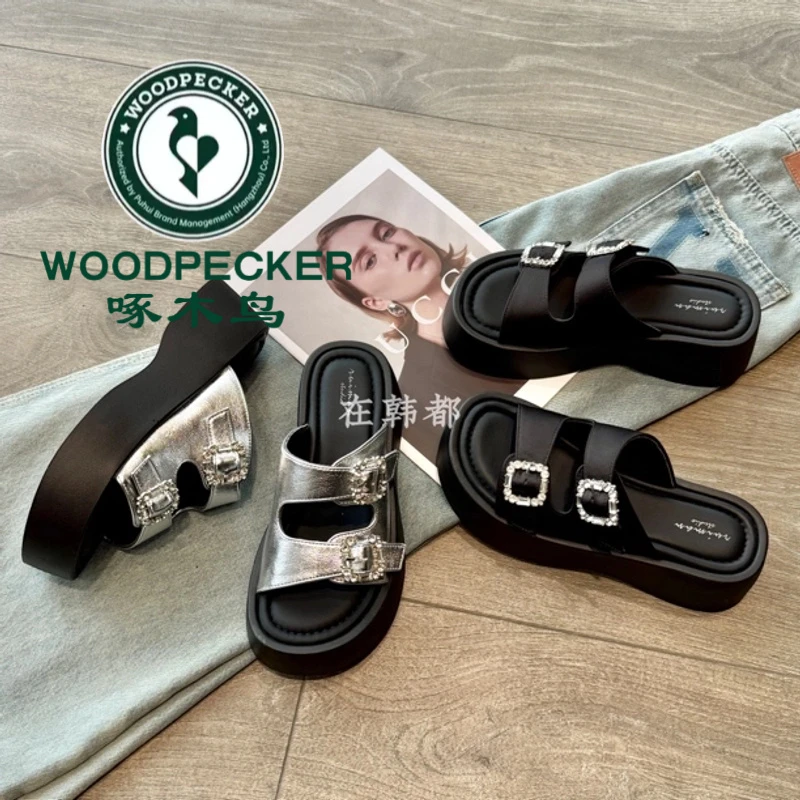 啄木鸟2025夏季新款高货凉拖水钻双扣带厚底增高韩版百搭秀气拖鞋