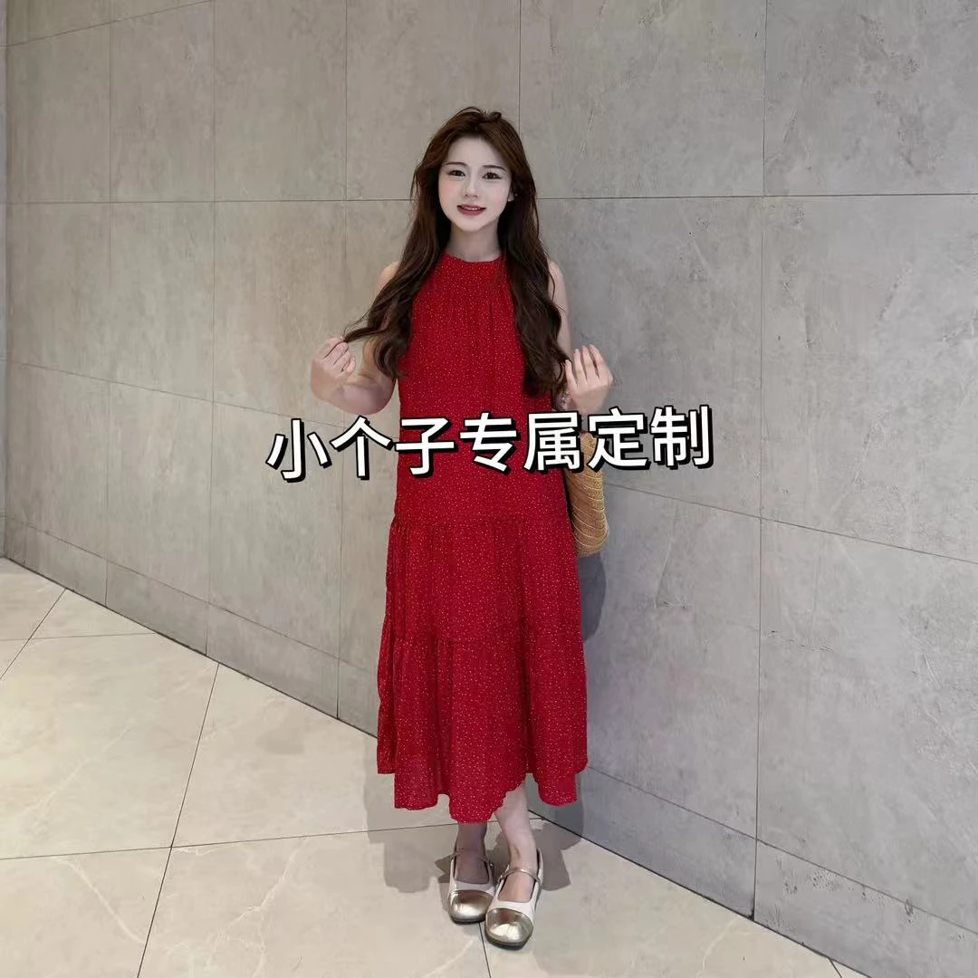 小个子定制复古红波点挂脖连衣裙气质明艳法式小众度假风长裙