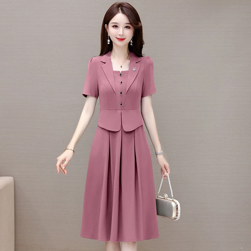 法式优雅短袖连衣裙女士时尚收腰减龄中年妈妈假两件中长裙子夏季