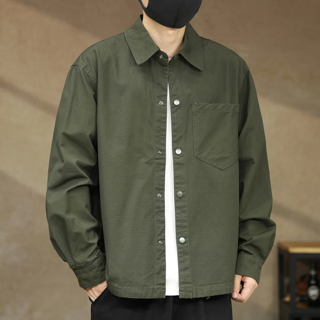 春季新款美式复古纯棉长袖衬衫男高级感痞帅外套宽松休闲翻领衬衣