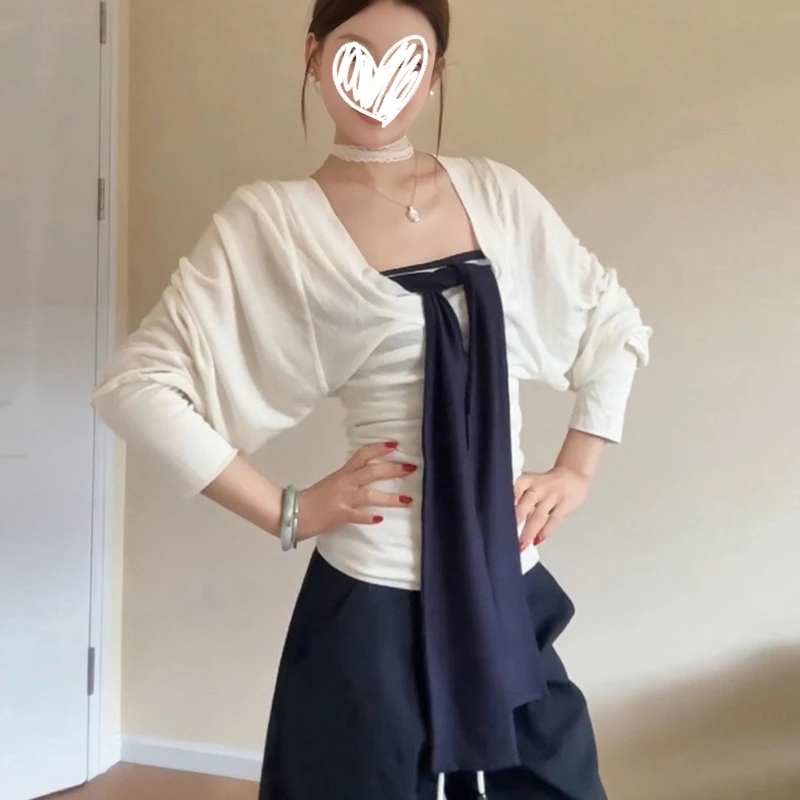 2025年早秋韩系穿搭条纹抹胸背心长袖防晒罩衫显瘦女上衣两件套