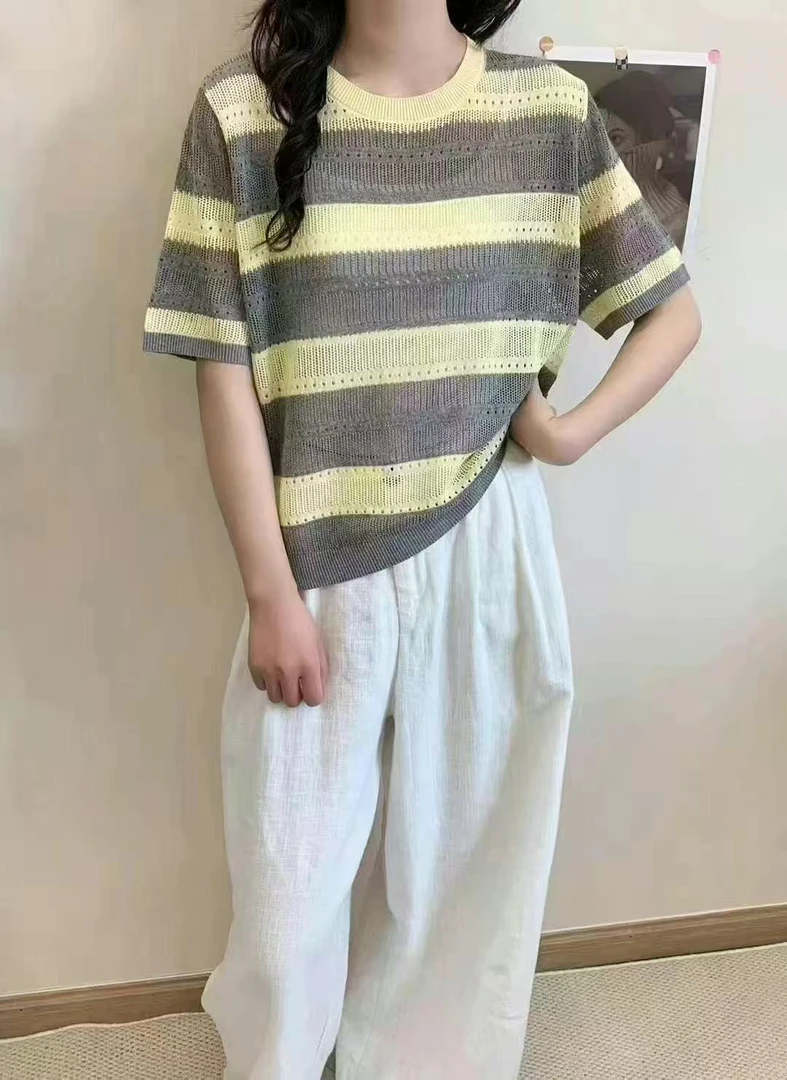 韩版休闲圆领短袖夏季女时尚提花条纹毛针织衫气质百搭套头镂空