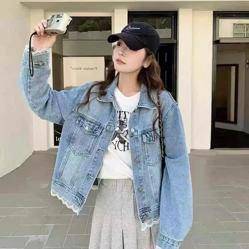 小咖甄选-气质优雅蕾丝边水洗牛仔外套