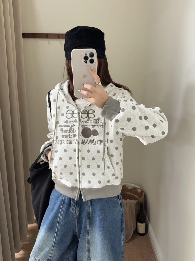 YD-韩系！ae波点拉链开衫25秋冬加绒加厚连帽卫衣外套女