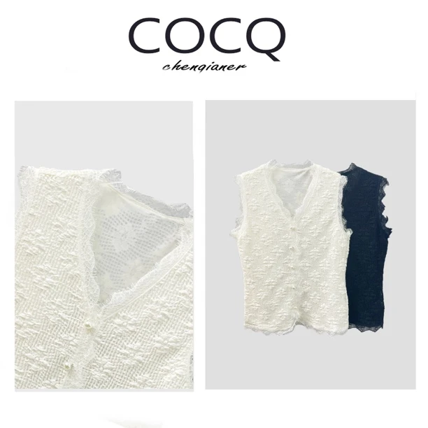 【COCQ】法式小香风无袖蕾丝边镂空衬衫设计感洋气背心上衣