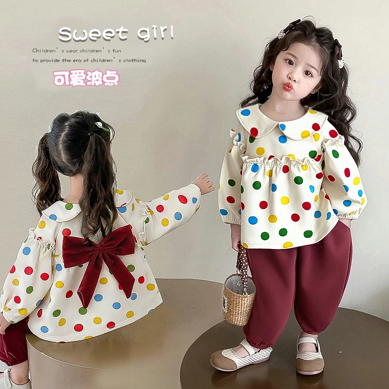 女童套装春秋2025新款洋气儿童秋装蝴蝶结宝宝圆点娃娃两件套