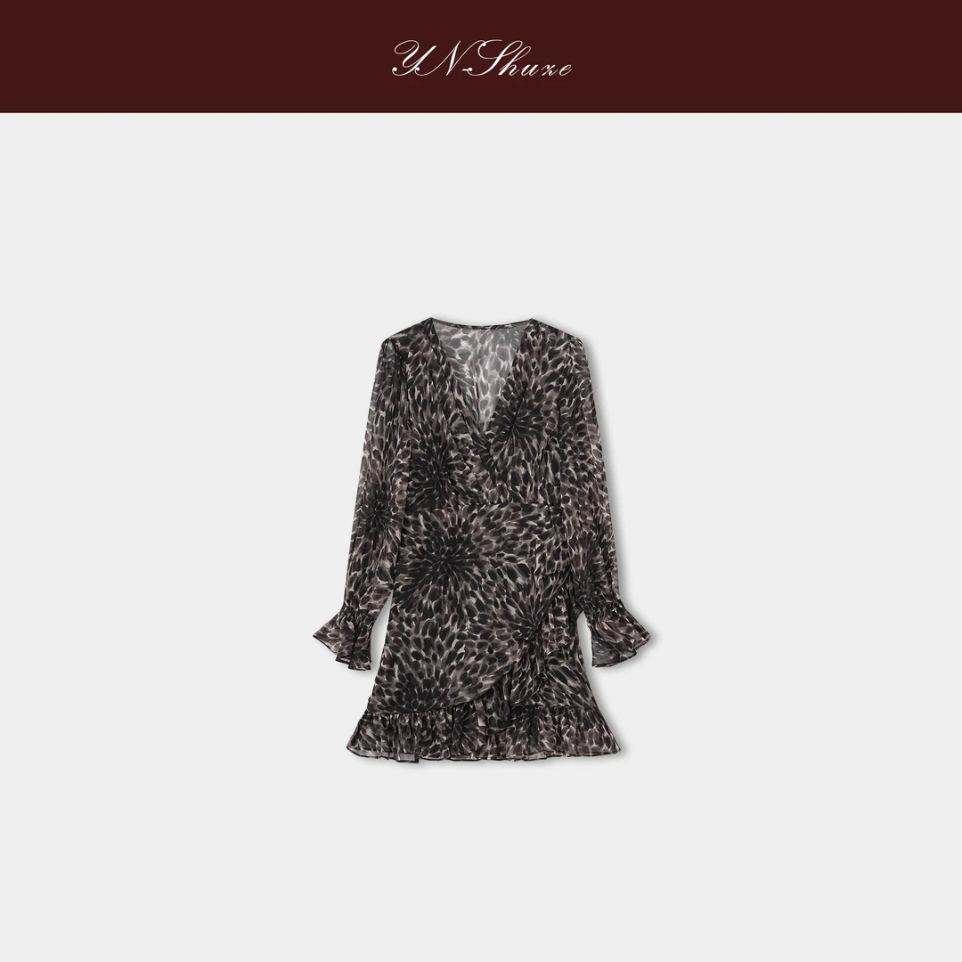 YN-SHUZE【摩登小姐】豹纹荷叶边长袖V领 连衣裙SZ-YNC-2025563