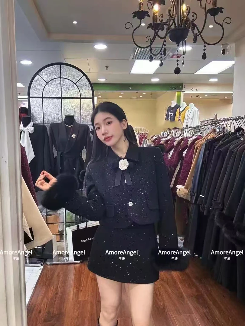 2025时尚气质小香风洋气蝴蝶结温柔大码毛袖外套+短裙套装25118