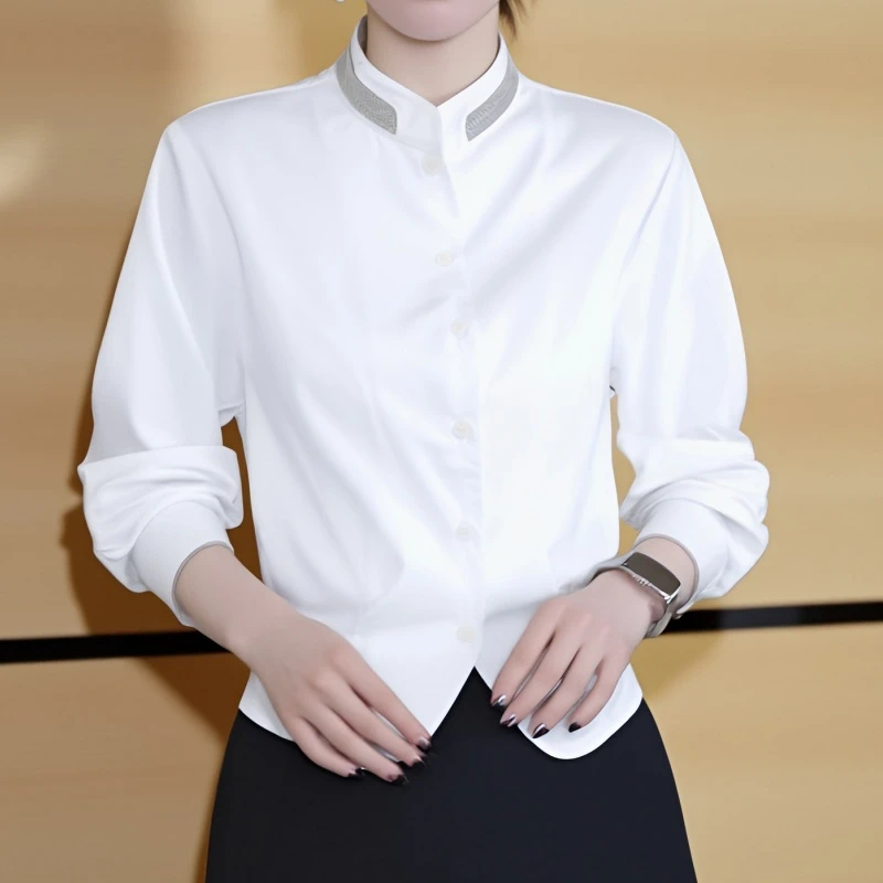 2025新款时尚垂坠爽滑闪耀珠链立领收腰衬衫LK2506081