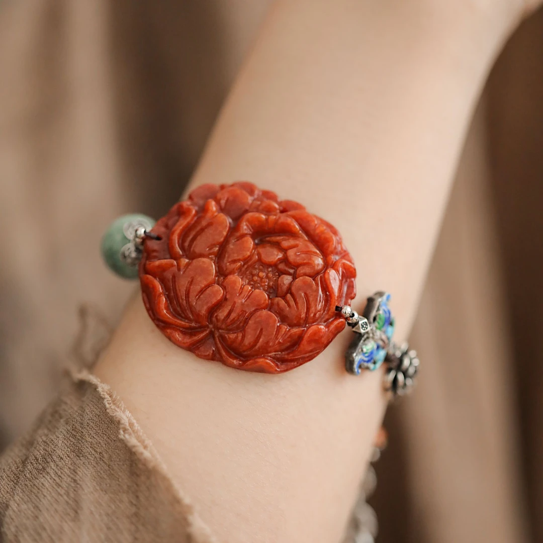 S09709<非晚>s925银翡翠牡丹花滴胶蝴蝶玫瑰花兽面铃铛尾坠手链