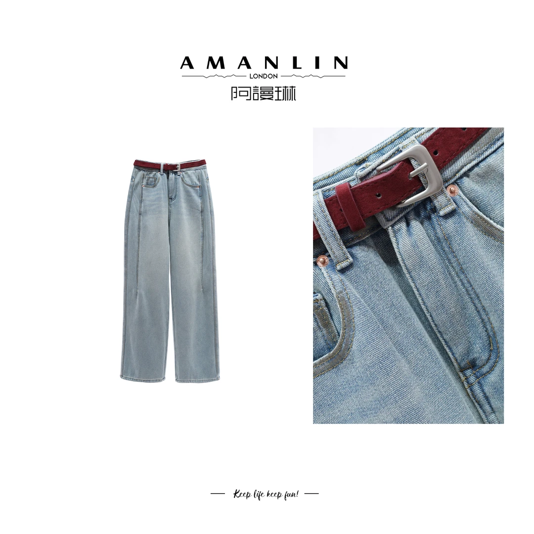 法式气质时尚显瘦直筒高腰长裤百搭小众牛仔裤F593893