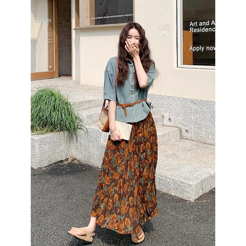 牛仔衬衫上衣法式半身裙两件套女洋气薄款韩系独特绝美巨好看套装