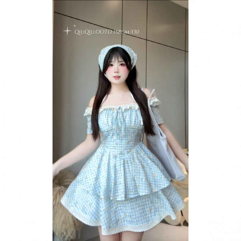 【糖系蜜格】9059微胖mm夏日甜系清新少女感显瘦收腰连衣裙+头巾