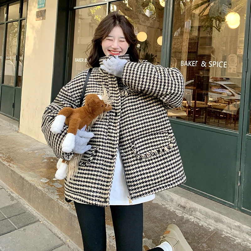 韩系千鸟格流苏小香风羽绒服女冬季新款时尚百搭保暖90白鸭绒外套