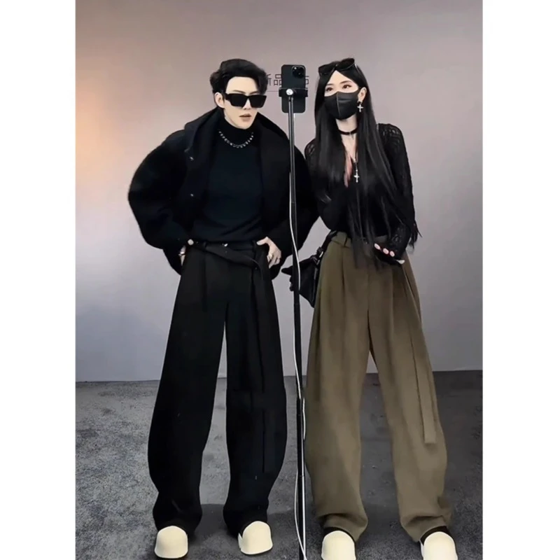 美式仿麂皮绒飘带裤子男款春秋季垂感弯刀裤cleanfit阔腿休闲卫裤