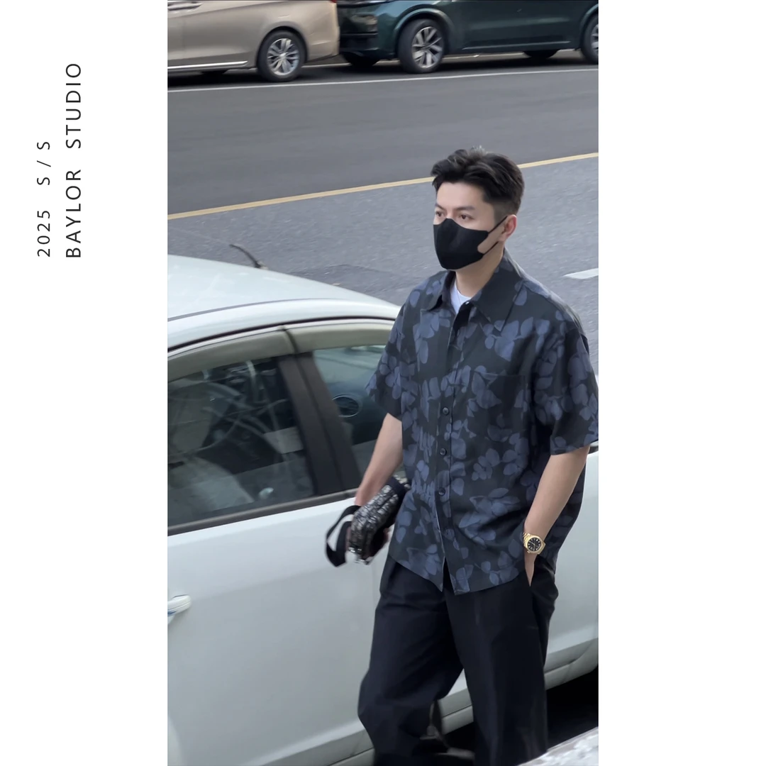 25夏季顶奢系列 老钱风亚麻莱赛尔天丝混纺 轻薄复古印花短袖衬衫
