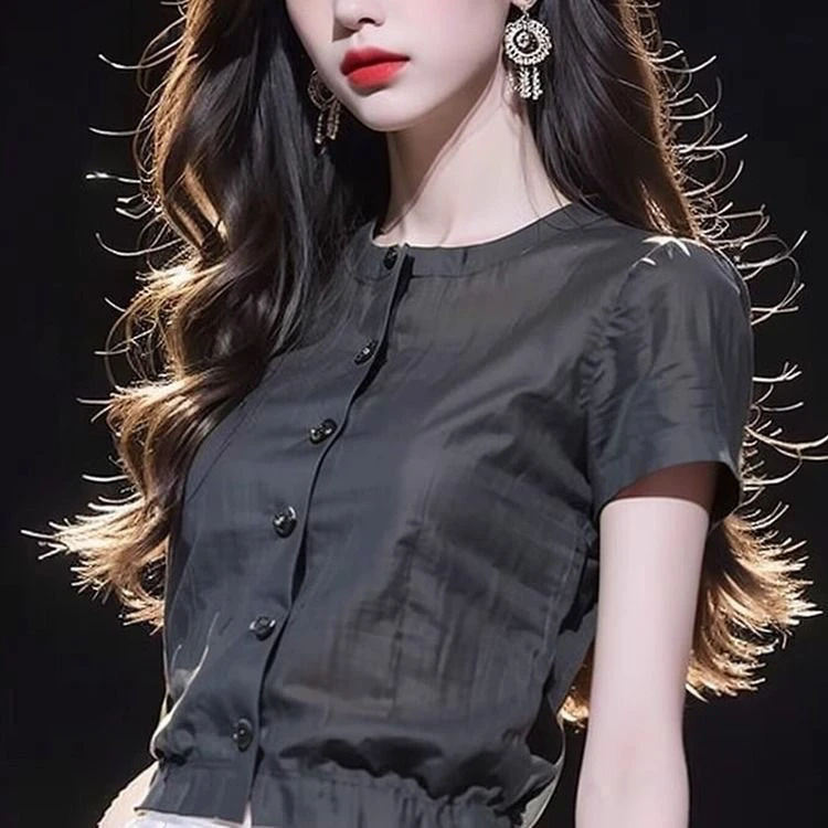 法式轻薄短袖衬衫女士高级设计感众夏季独特别致漂亮小衫短款上衣