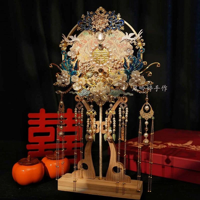 团扇新娘结婚diy材料包双面香槟古风高级中式秀禾婚礼成品手工扇