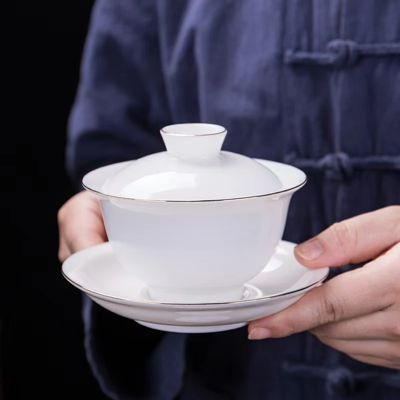 羊脂玉高档盖碗茶杯纯手工描金陶瓷泡茶碗白瓷胖描金羊脂玉瓷茶具