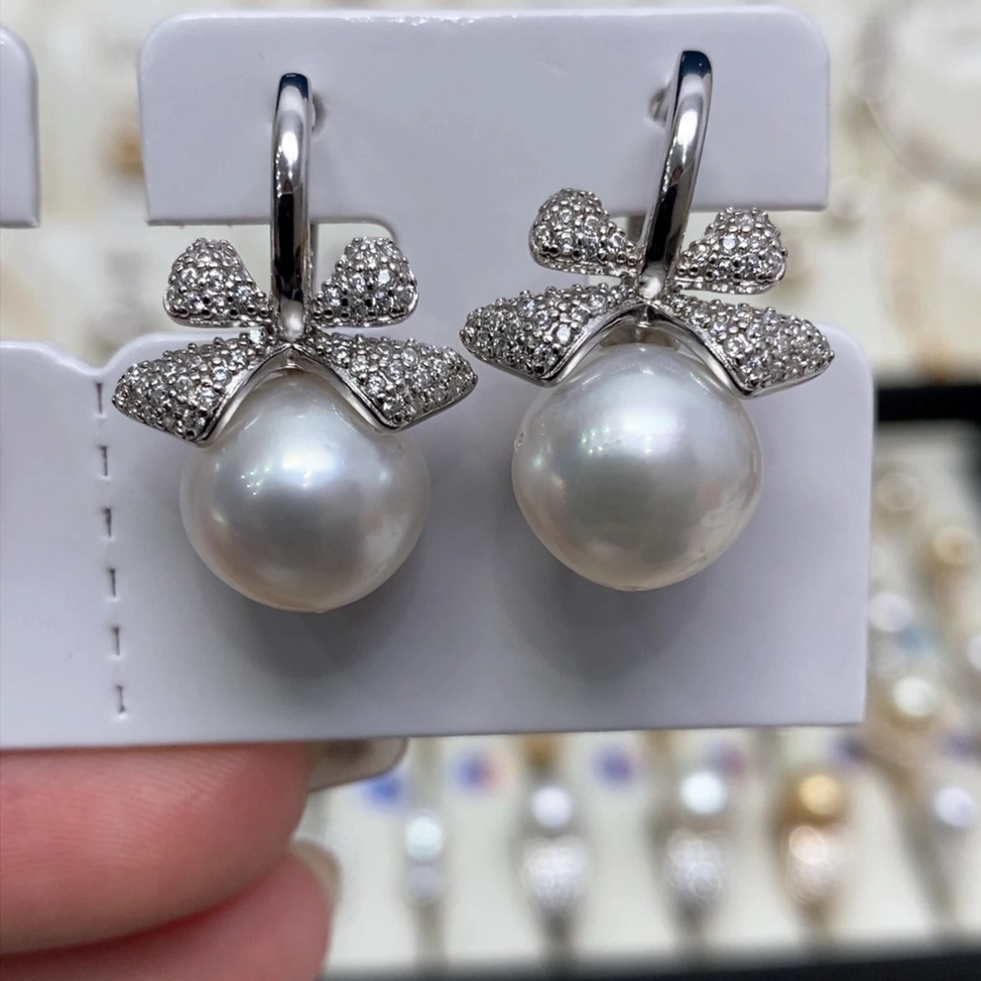 海水珍珠耳饰银S925镶嵌11-12m m亏清