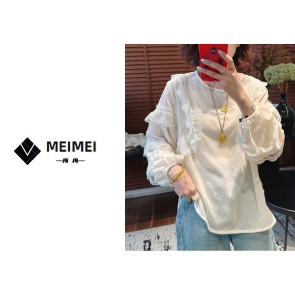 XMM.女装《丝绒蕾丝花边》2025春款休闲时尚百搭蕾丝花边打底-2739