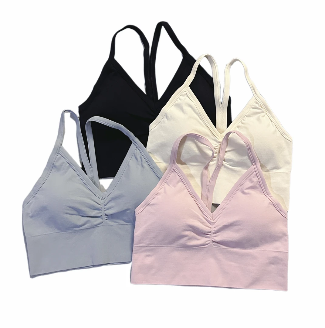 河马v领褶子长款美背运动健身瑜伽运动内衣美背文胸女