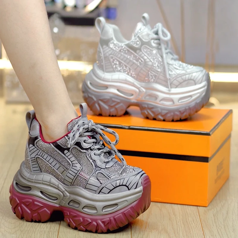 9cm水钻厚底增高老爹鞋女2025秋季系带百搭休闲运动鞋