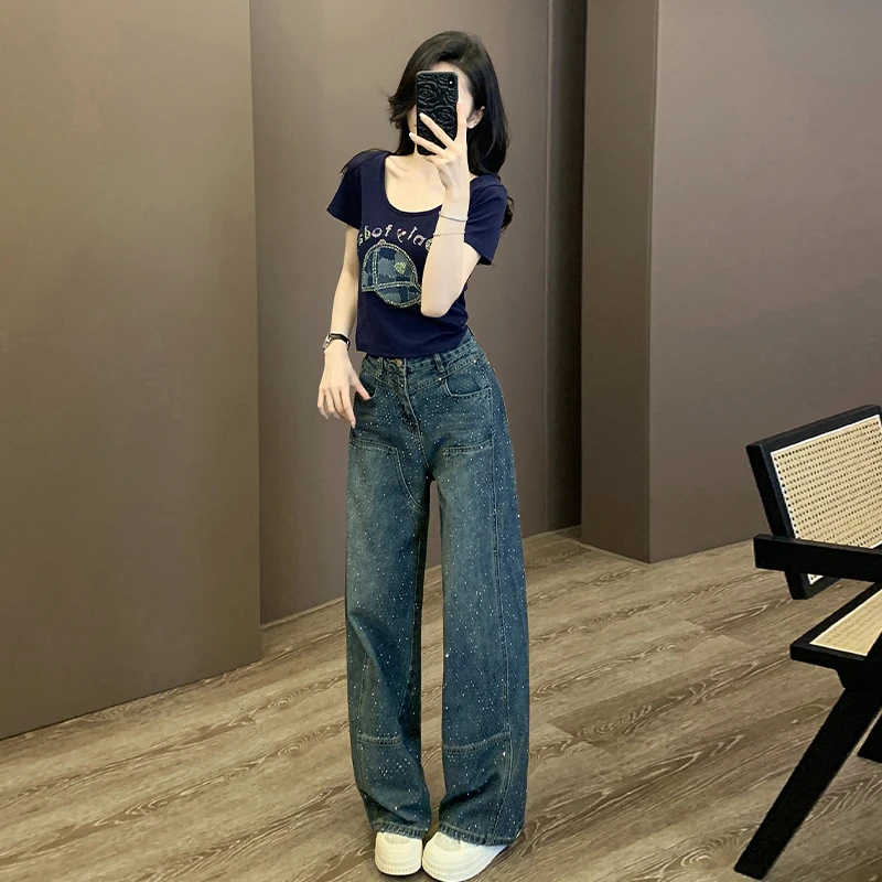 女装夏装套装2025新款爆款宝蓝色烫钻短袖t恤高腰满钻阔腿牛仔裤