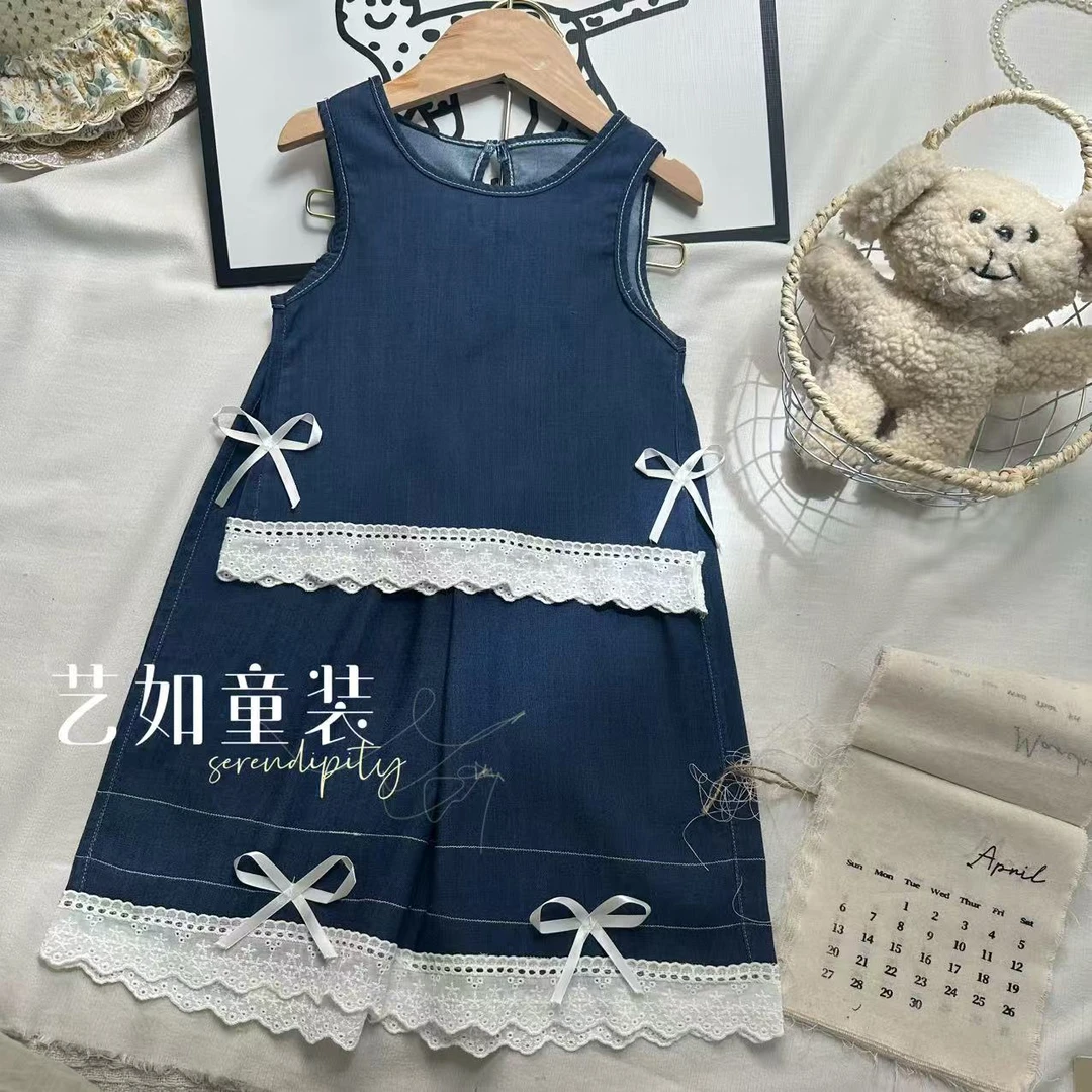 番茄家*【韩系穿搭】夏季上新蝴蝶结花边牛仔无袖九分裤套装D-W911