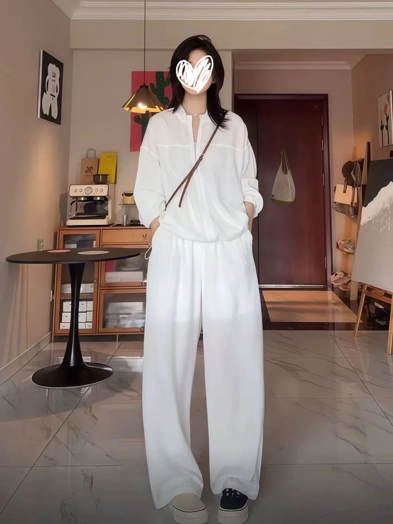 休闲运动套装白色韩版洋气长袖网红阔腿复古显瘦