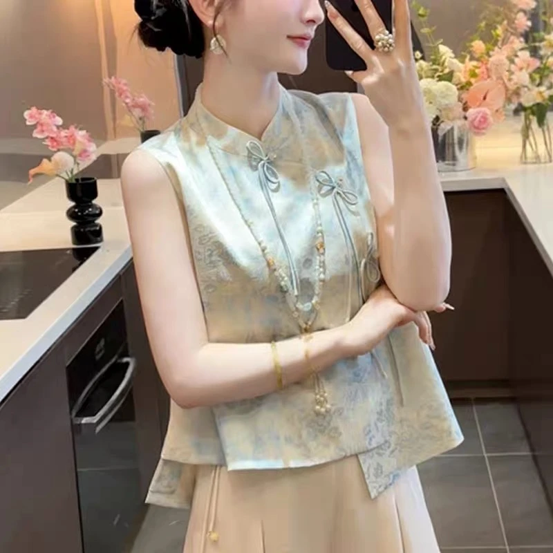 新中式国风蓝色提花短袖衬衫女2025夏季新款高级感特气质立领衬衣