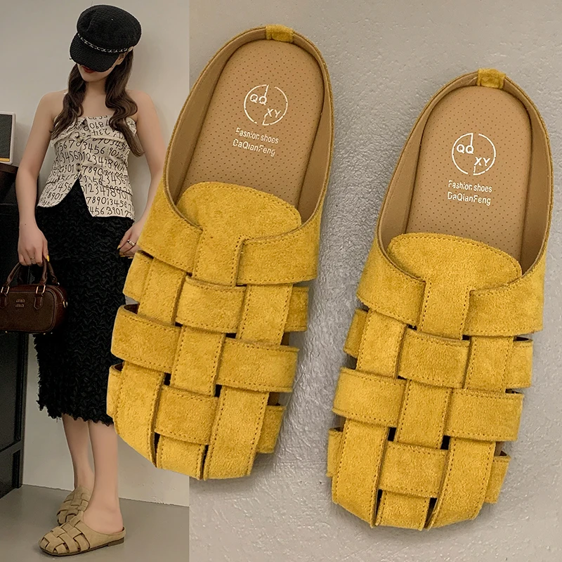 小众复古包头半拖鞋女夏外穿2025新款多巴胺编织勃肯鞋镂空凉拖鞋