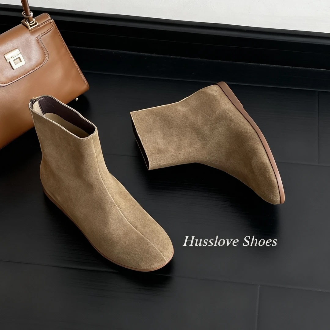 HUSSLOVE 牛反绒·跟高2CM·秋冬韩版复古圆头磨砂舒适瘦瘦靴短靴