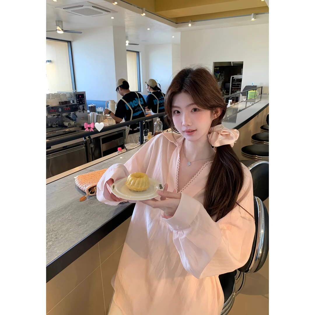 白水女 诺丽尔玫瑰 莱赛尔亚麻V领衬衫韩系气质防晒上衣B50651426