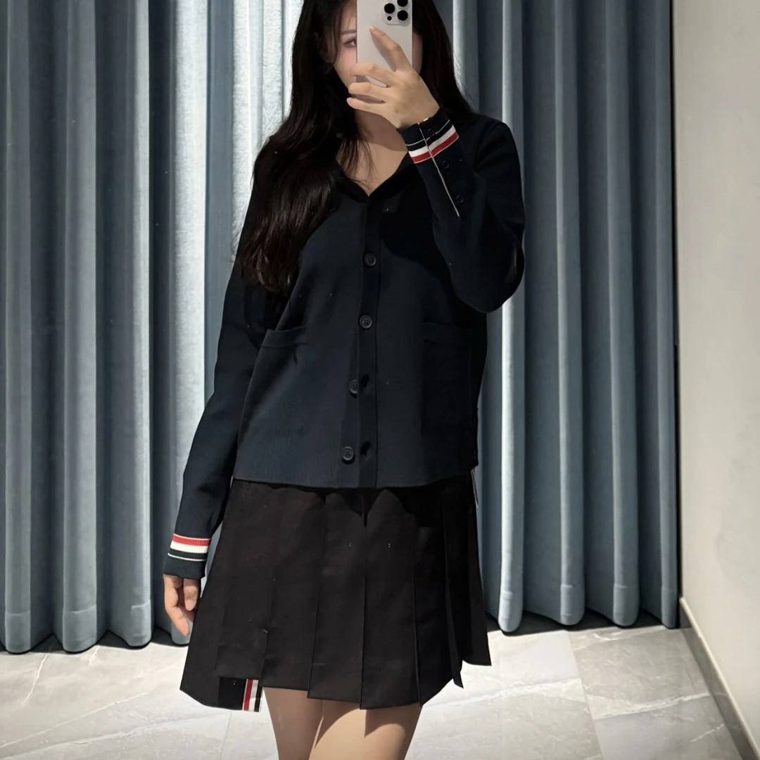 99新 THOMBROWNE 1f084/黑色拼色百褶裙半裙 羊毛 40码