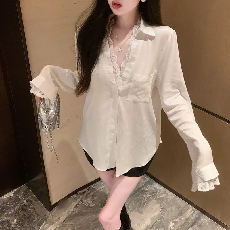 假两件蕾丝拼接长袖衬衫女秋季宽松领衬衣设计感白色防晒上衣