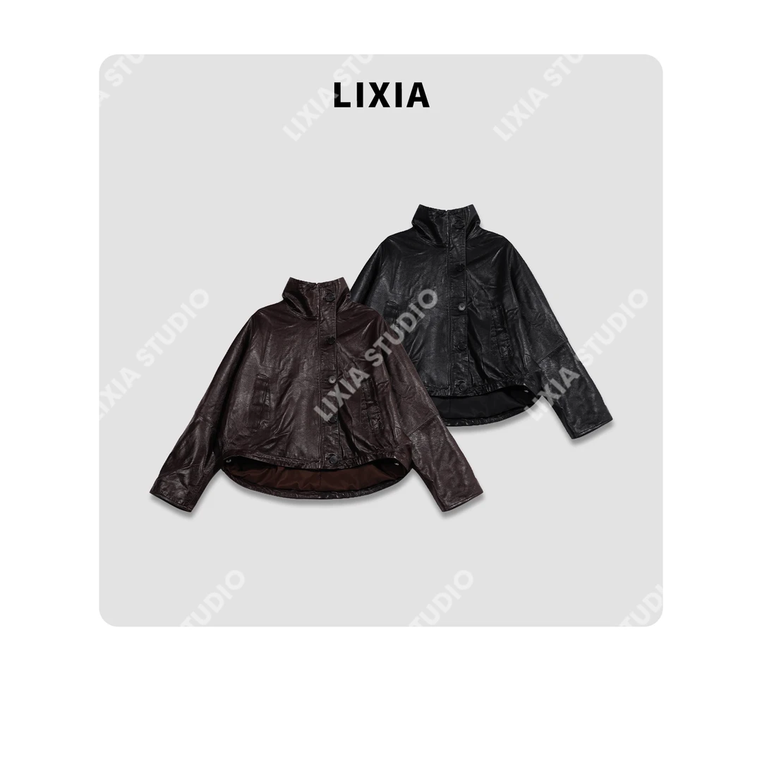 LIXIA【莫吉托】时尚慵懒风塞拉玛油蜡羊皮重工高领皮衣-D9159