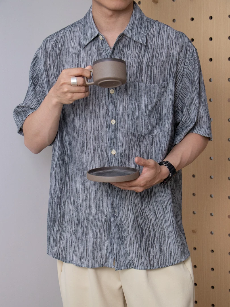 ZK【漱纹】印花复古肌理感夏季日系海滨度风免烫宽松短袖衬衫男