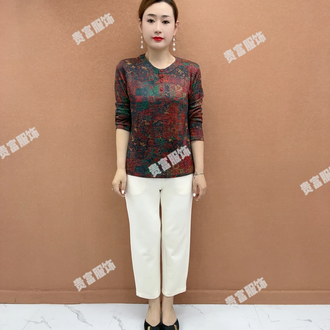 时尚春秋妈妈装大码洋气印花妈妈装长袖百搭时尚宽松圆领贵气小衫
