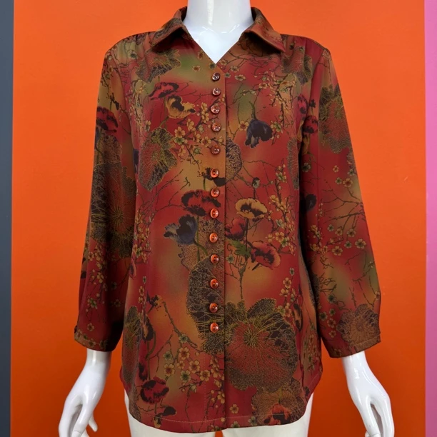 妈妈装高端缎面晕染彩花超薄清凉衬衫方领系扣开衫九分袖衬衣夏装