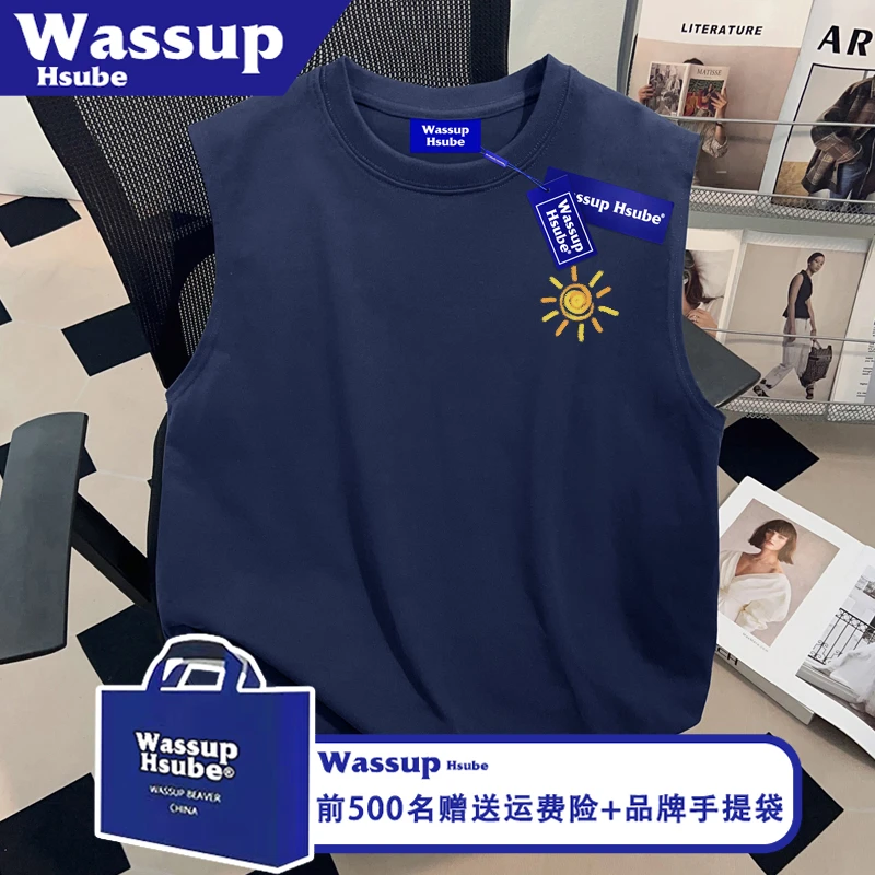 WASSUP HSUBE夏男女无袖背心涂鸦太阳印花藏青色上衣100%纯棉T恤
