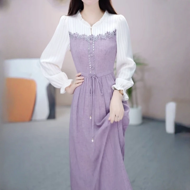 假两件休闲拼接长袖连衣裙2025秋冬新款洋气条纹宽松休闲显瘦裙子