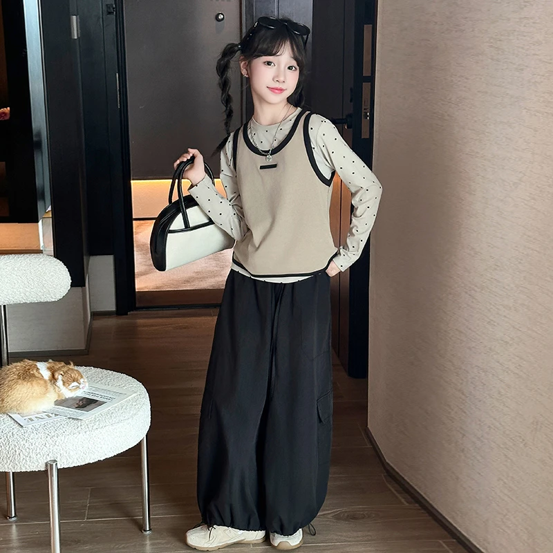 女童春秋季套装2025秋季新款洋气中大童长袖波点上衣半身裙三件套