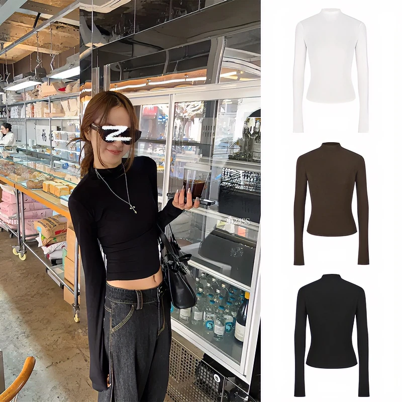 Moses Queen/魔西女王黑色半高领长袖T恤短款女ins修身显瘦打底衫