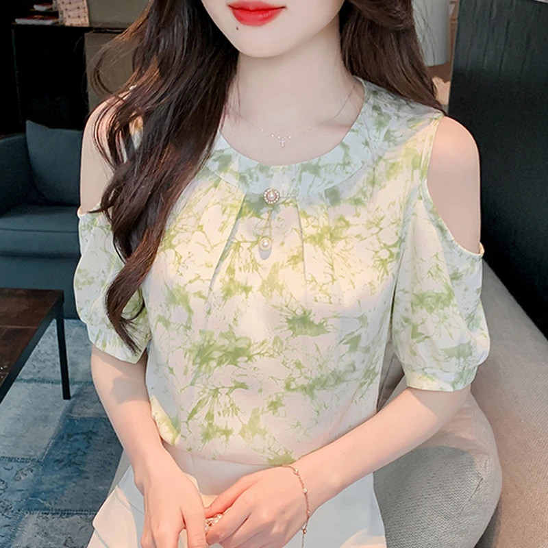 韩版时尚印花露肩雪纺衫女2025夏季新款别致漂亮小衫洋气短袖上衣